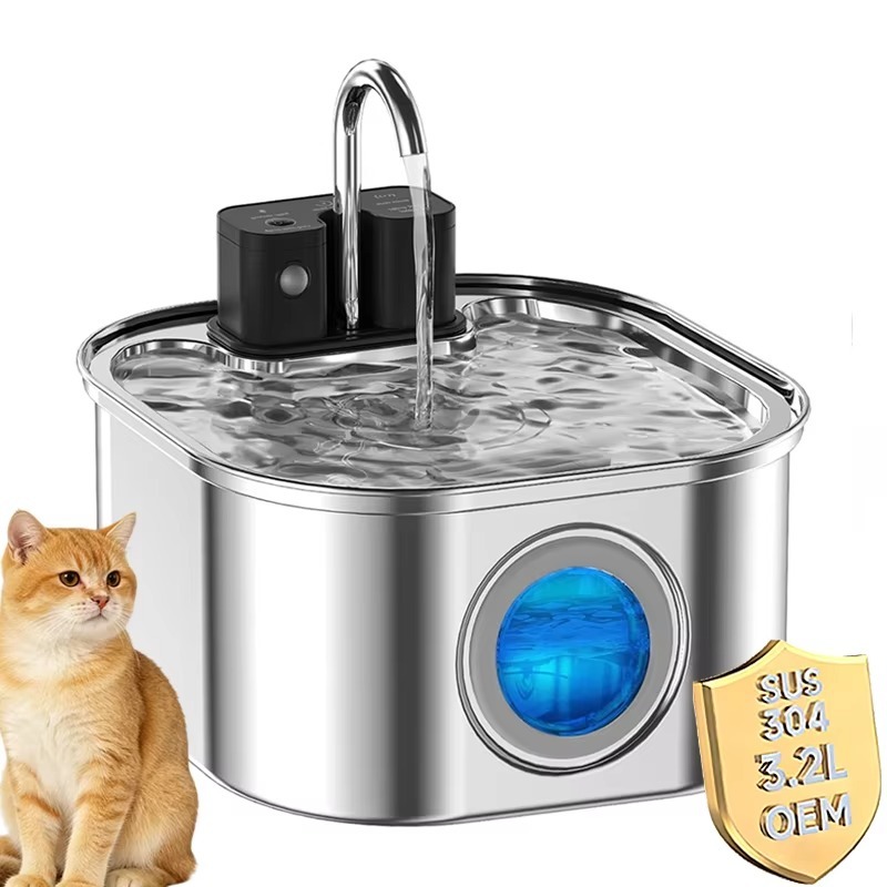 Pet Water Fountain Stainless Steel - 3.2L Wireless Cat Water Fountain Stainless